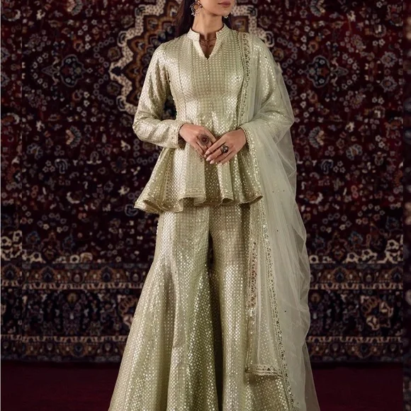 NWT Embroidered Light Olive Green Peplum Sharara Set - Picture 2 of 4